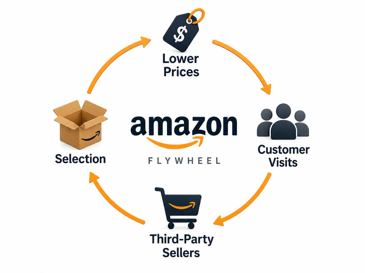 Amazon Flywheel diagram showing how lower prices and customer visits drive third-party sellers and selection.