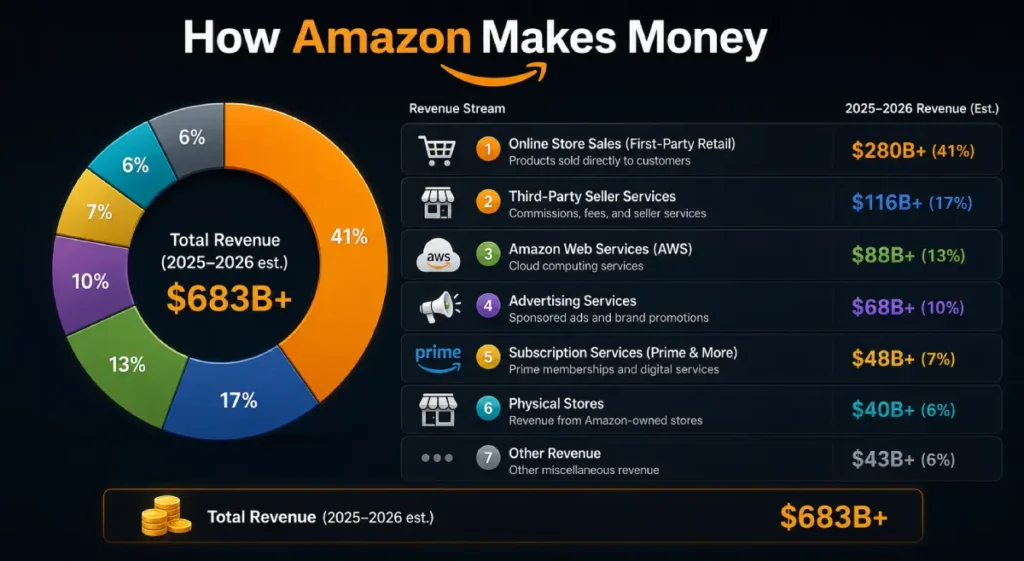 Pie chart and table detailing Amazon's total revenue breakdown by business segment.