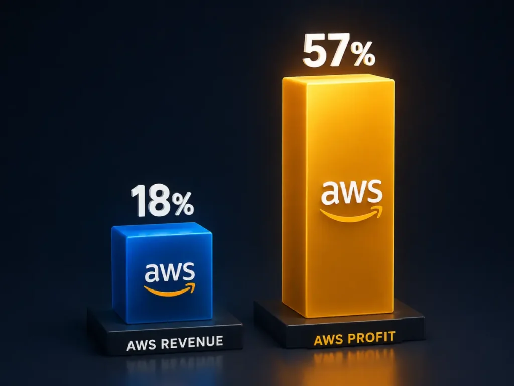 3D bar chart comparing AWS total revenue share at 18 percent versus AWS profit at 57 percent.